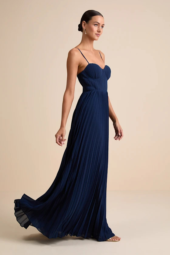 Admirable Elegance Navy Pleated Bustier Maxi Dress | Lulus