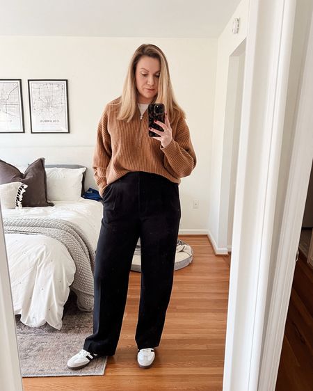 Casual work outfit. These are the Aritzia effortless trousers which I am obsessed with!. I’m wearing a size 12 and had them tailored to get the right fit.