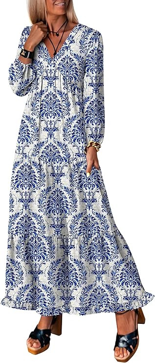 ANRABESS Womens Long Sleeve Boho Maxi Dress 2026 Fall V Neck Floral Striped Casual Loose Fit Beac... | Amazon (US)