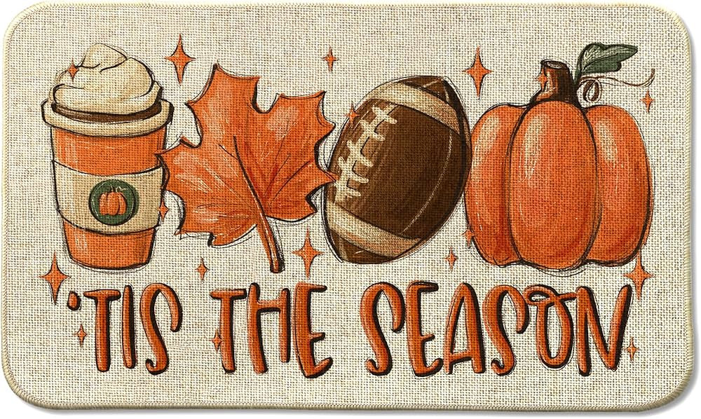 Fall Football Pumpkin Front Door Mat Indoor Outdoor Entrance, Tis The Season Autumn Maple Leaves ... | Amazon (US)