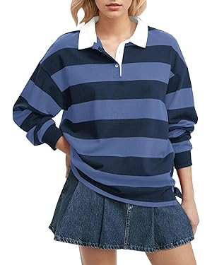Women Long Sleeve Striped Polo Shirt Oversized Collar Y2k Pullover T Shirt Casual Loose Streetwea... | Amazon (US)