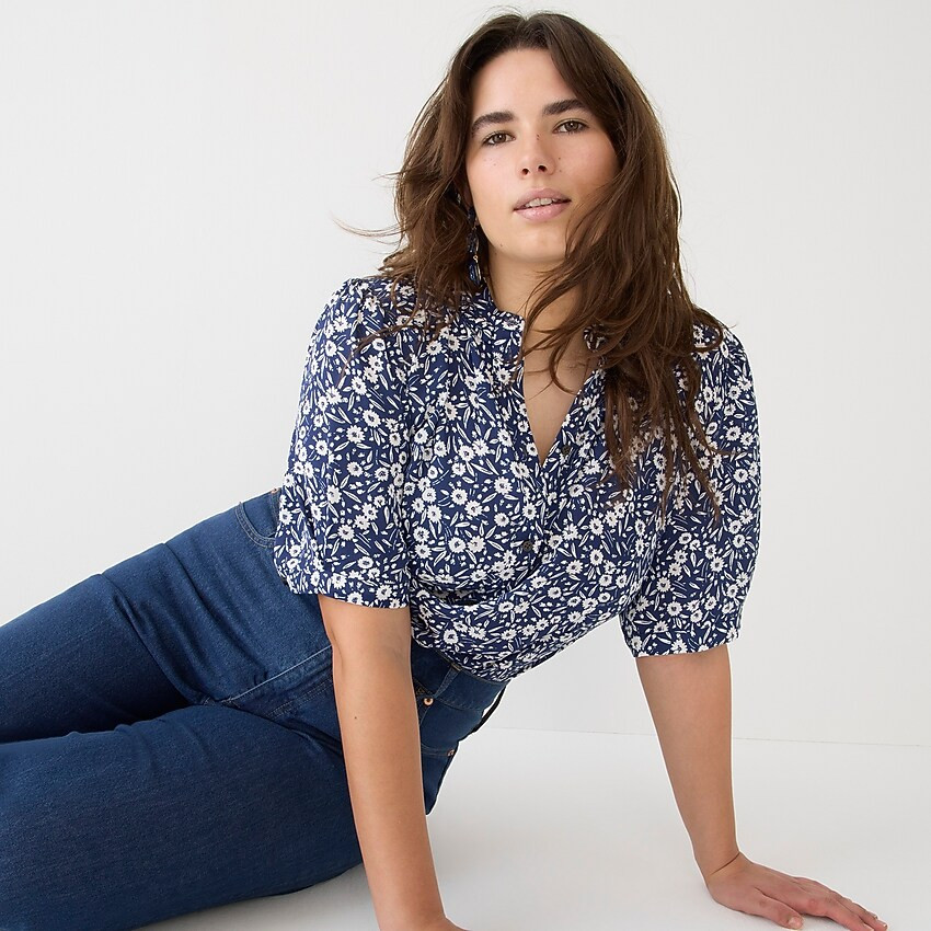 Puff-sleeve button-up top in garden stamp floral | J. Crew US