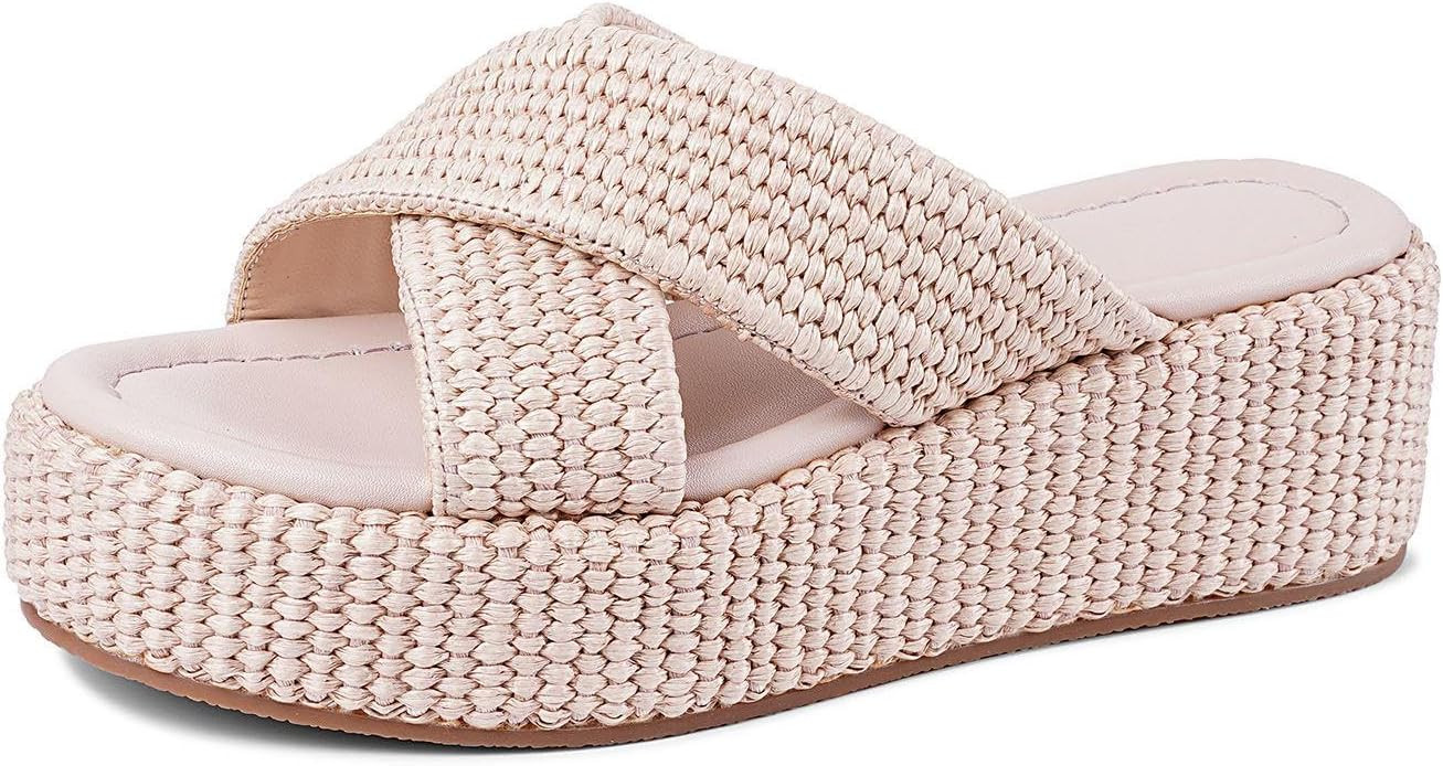DREAMSTORY Women's Platform Sandals Round Toe Slip On Raffia Espadrilles Wedge Slides Comfortable... | Amazon (US)