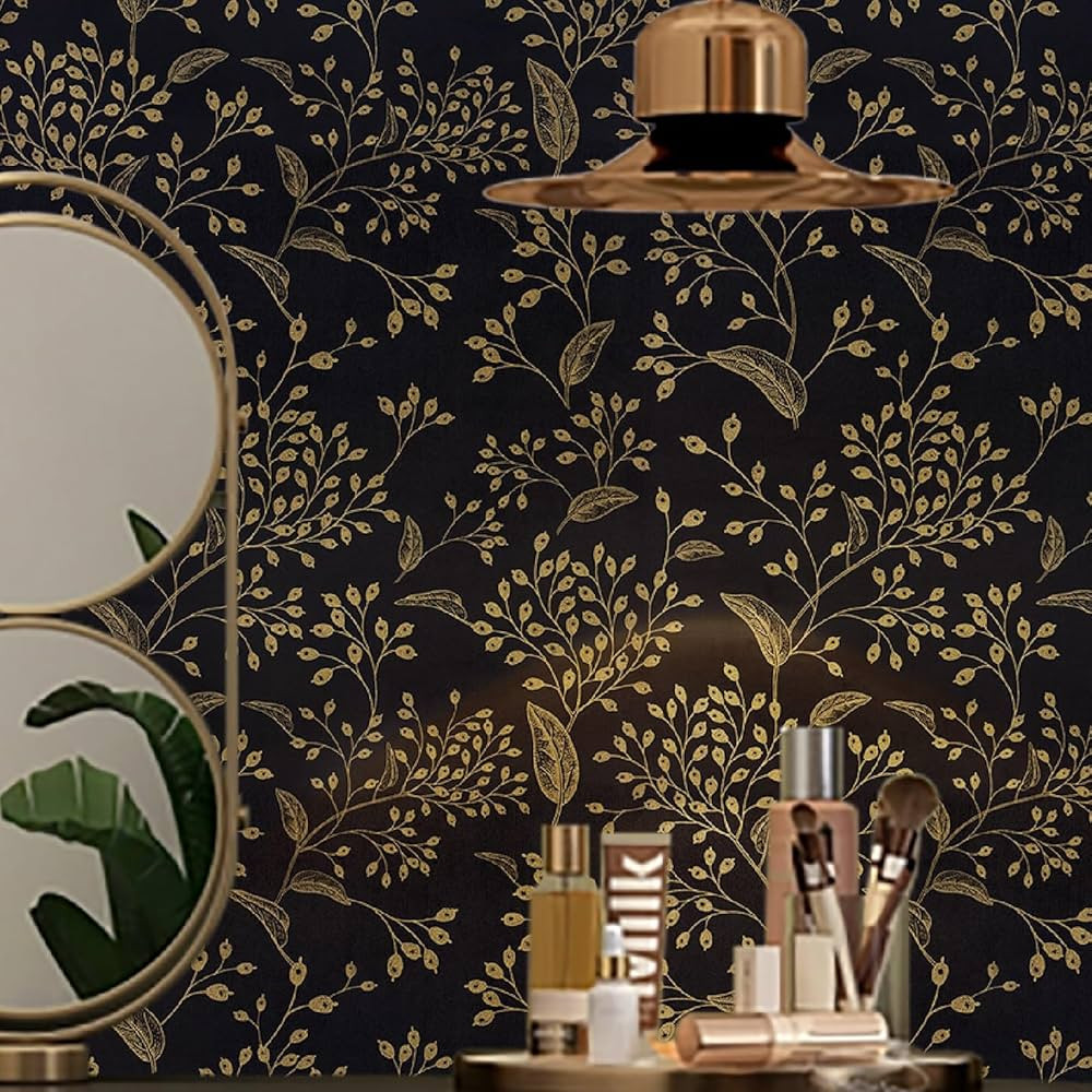 Black and gold wallpaper Delicate leaves Peel and Stick Wallpaper17.3''X197''Black wallpaper Deco... | Amazon (US)
