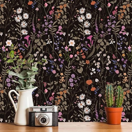 Wallpaper Self-Adhesive Blooming Vintage Colourful Flowers Wall Paper for Bedroom Living Room Cabinet, Peel and Stick Beige Sketch Little Flowers Wallpaper Mural 25.8sq. feet (236.2"x17.3", Black) | Amazon (US)