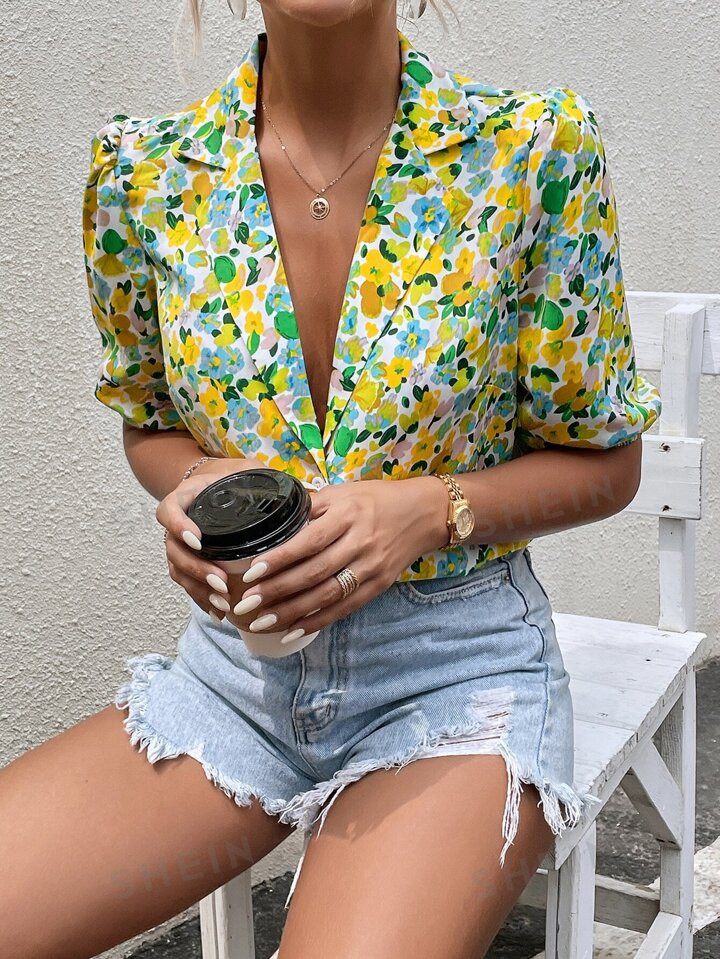 SHEIN VCAY Allover Floral Print Puff Sleeve Shirt | SHEIN