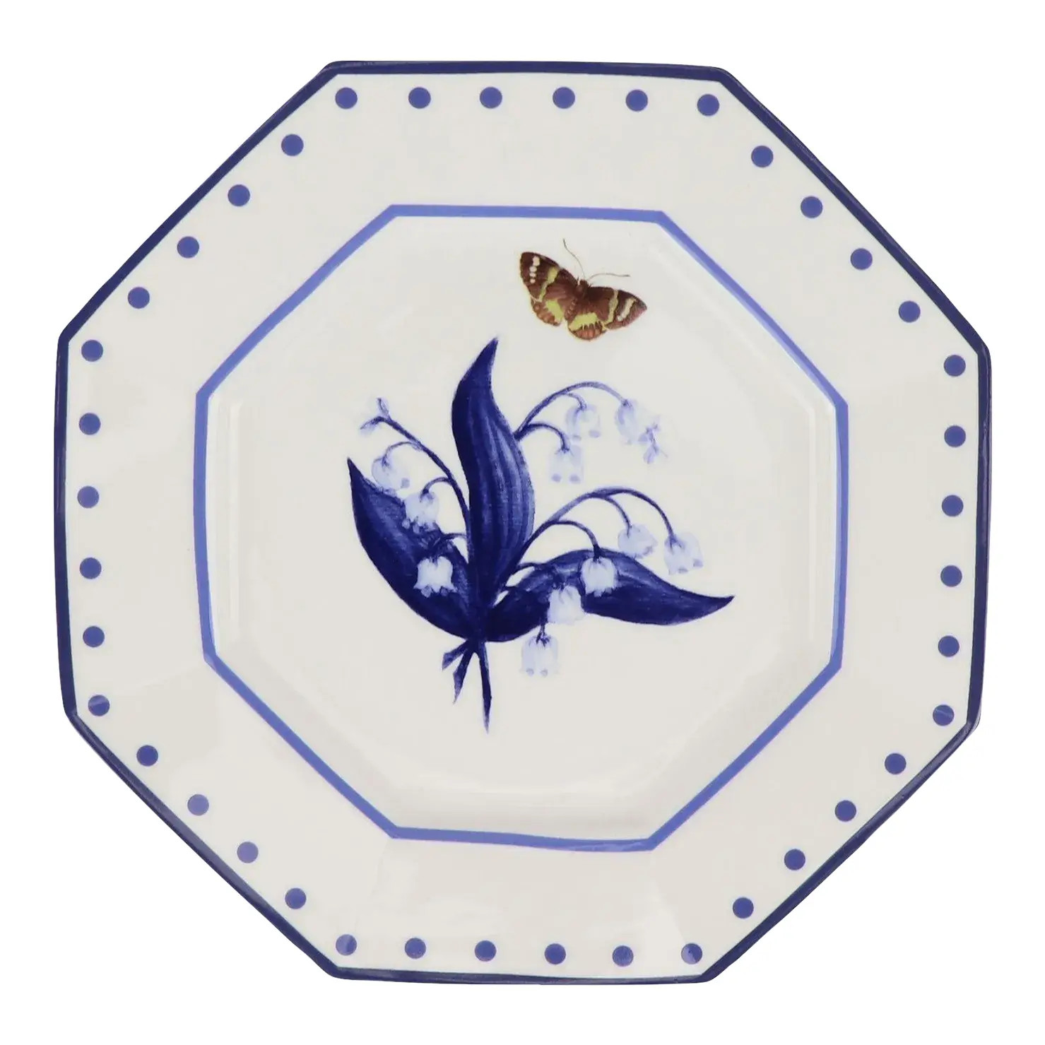 Carolyne Roehm x Enchanted Home Lily of The Valley 8.75" Octagonal Salad Plates in Blue, Set of 8 | Chairish