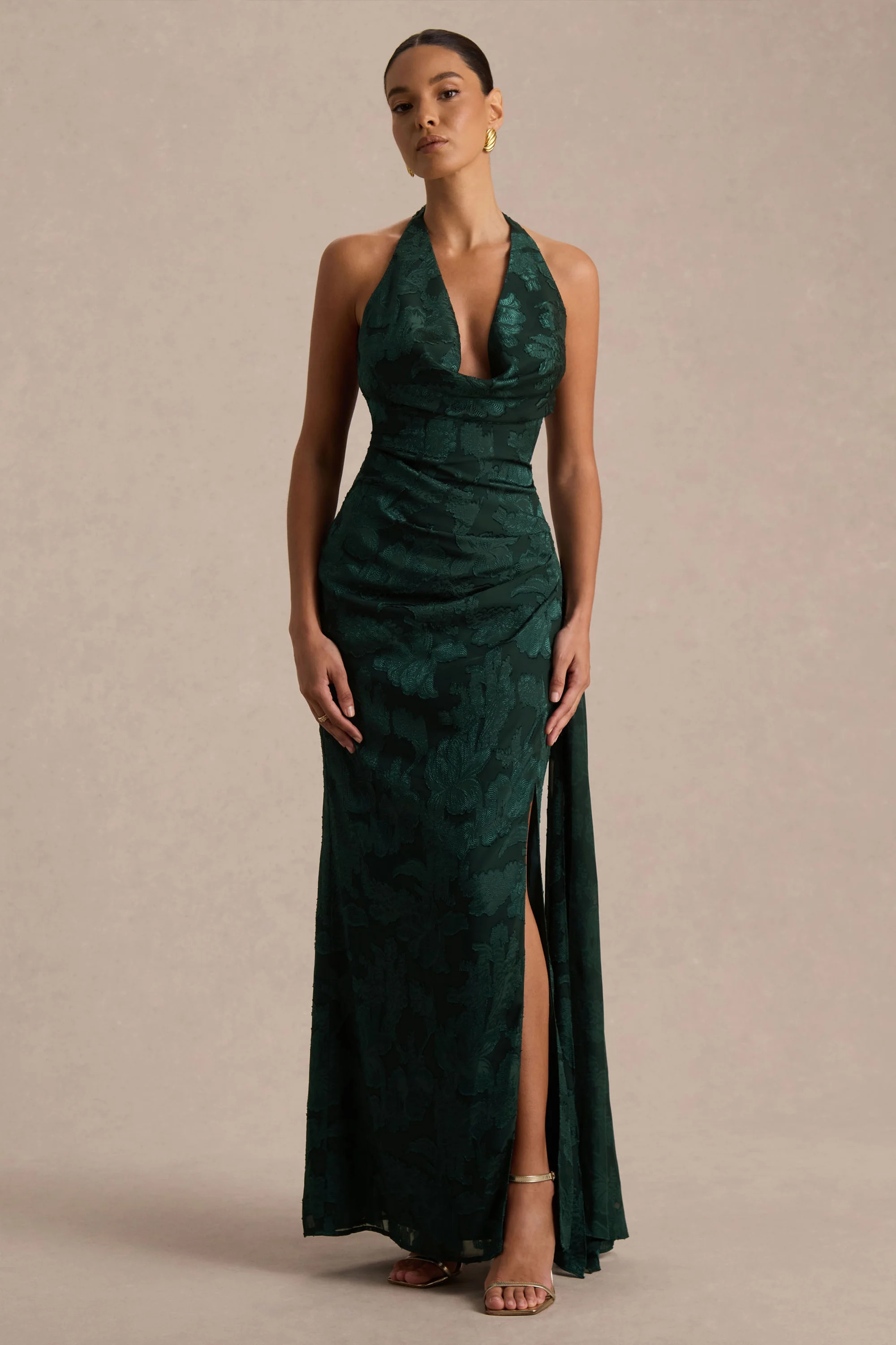 Talula  Dark Green Extreme Cowl-Neck Maxi Dress With Sash And Front-High Split | Club L London
