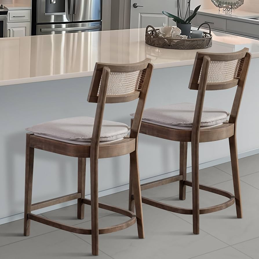 Rattan Bar Stools Set of 2, 26'' Counter Stools with Cane Back, Upholstered Counter Height Bar Ch... | Amazon (US)