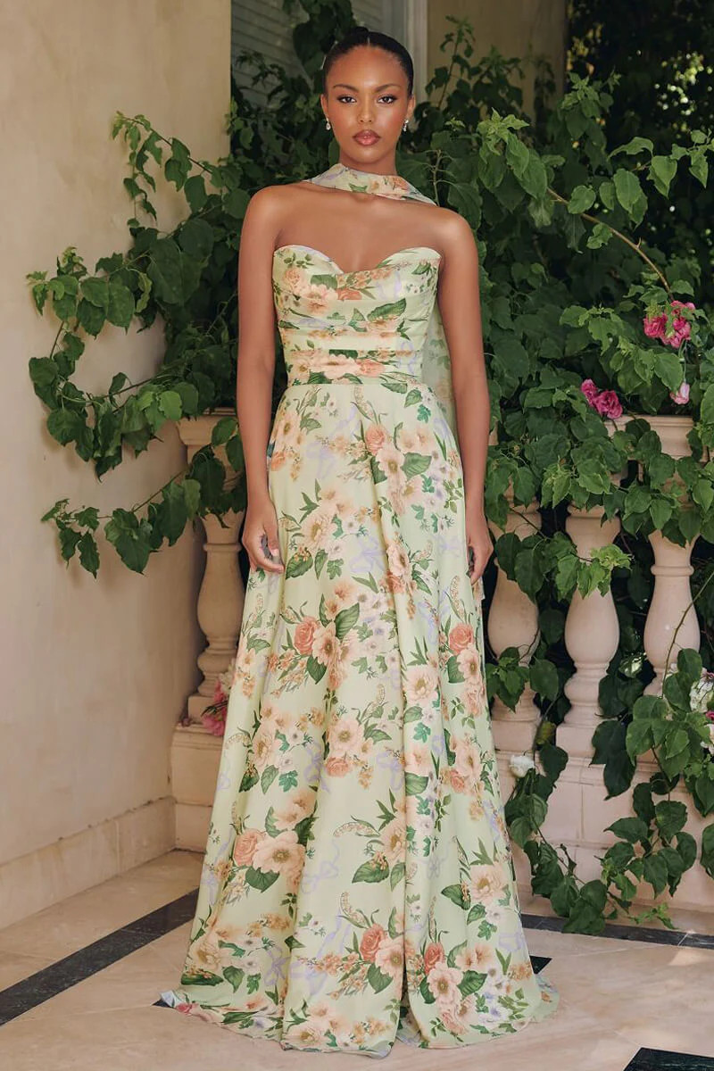 MEADOWS GOWN - STRAPLESS A-LINE SAGE FLORAL CHIFFON GOWN WITH SCARF | Lady Black Tie