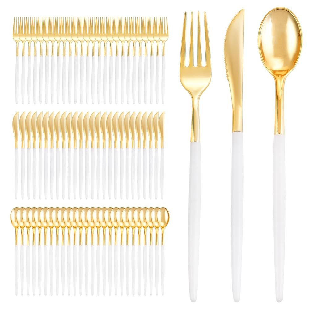 I00000 300 Pcs Gold Plastic Silverware - Gold Disposable Silverware - Premium White Cutlery Set I... | Amazon (US)