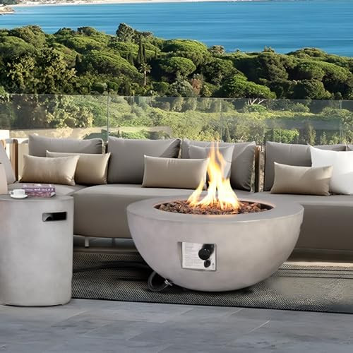 31.5inch Concrete Propane Firepit Table w Tank Table, 50000BTU Round Gas Fire Pit for Outdoors with Tank Hidden Table, Lava Rocks, Rain Covers,Steel Lid | Amazon (US)