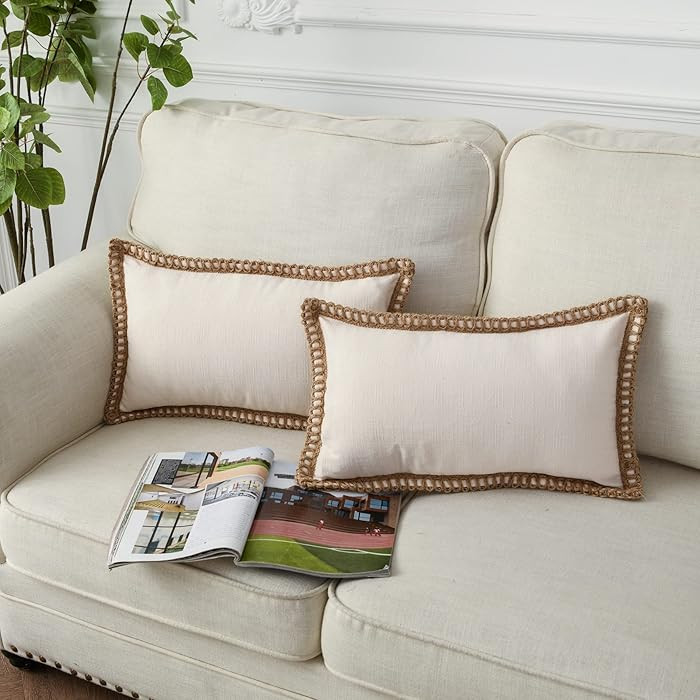 LIGICKY Pack of 2 Farmhouse Decorative Lumbar Throw Pillow Covers Burlap Linen Trimmed Tailored E... | Amazon (US)