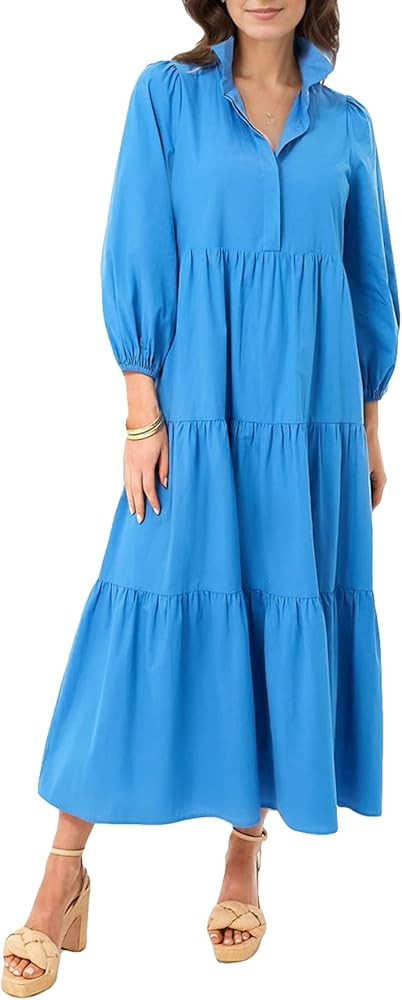 Women Flowy Maxi Shirt Dress Casual Button Down V Neck Ruffled Beach Long Dresses with Pockets | Amazon (US)