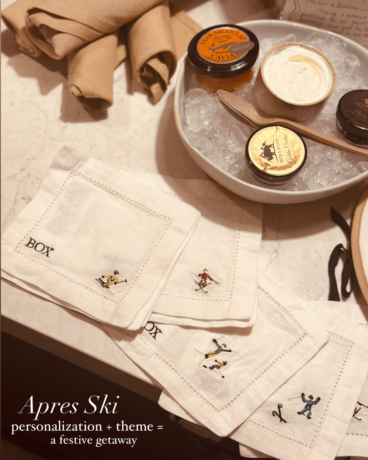 What a thoughtful gift! We got a special delivery to our room tonight- a handwritten note with personalized cocktail napkins, champagne and caviar! 
The napkins are on sale! 🚨 What a fun gift! I will definitely be bringing these on our annual ski vacation! 🎿⛷️

#LTKHome #LTKWatchNow #LTKParties