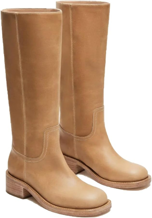 Women's Banana Knee High Boots Comfortable Square Toe Chunky Block Heel Low Heel Pull on Wide Cal... | Amazon (US)