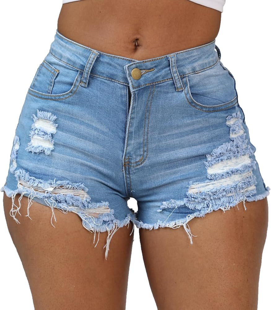 Weigou Women Jean Short Ripped Hot Shorts Comfy Stretchy Women Fringed Denim Shorts | Amazon (US)