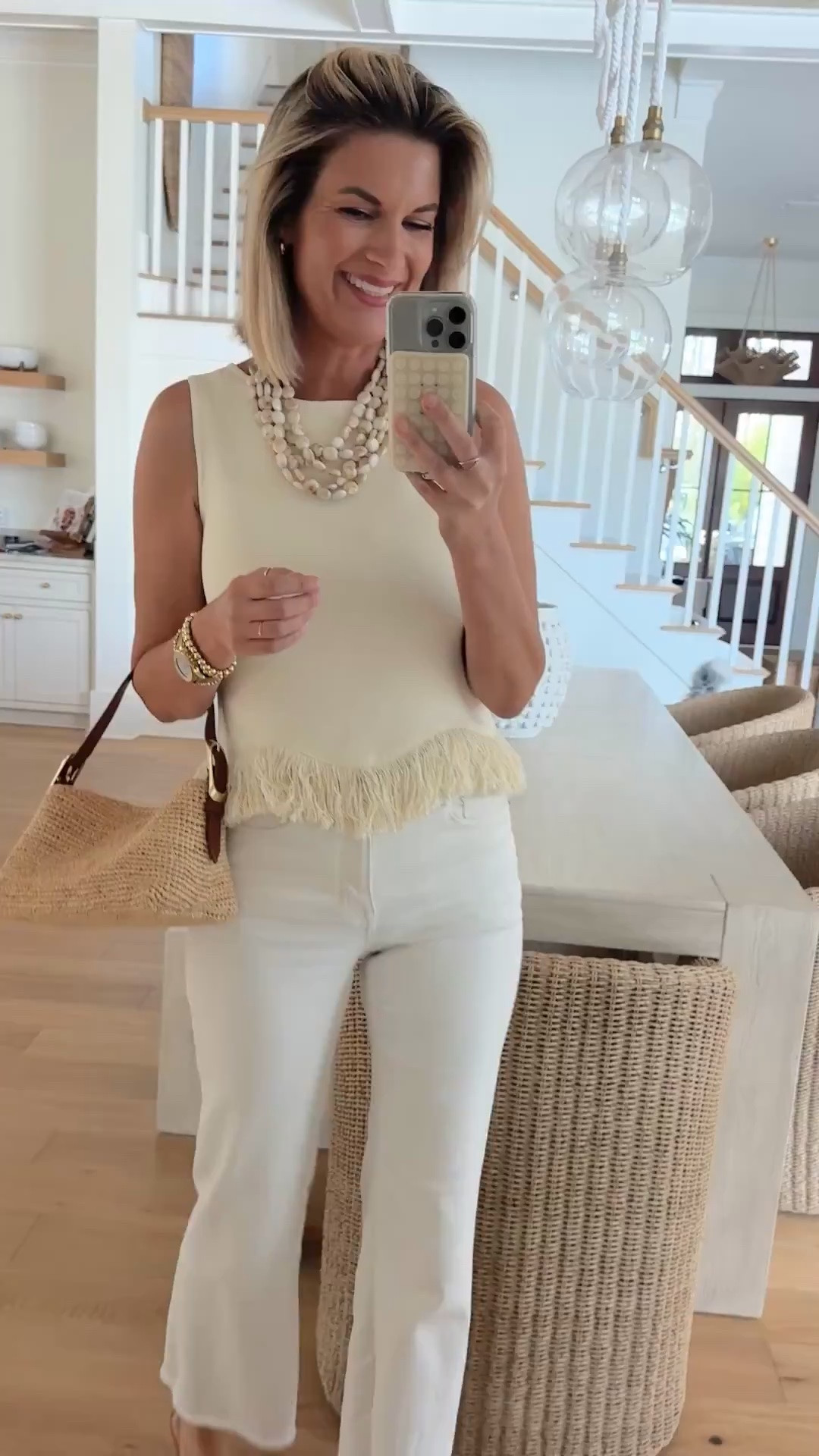 Date night outfit. I am 5’11” wearing small in the top (use code PINTERESTING15 for a discount) and 27 tall white jeans.  Sandals true to size.

#LTKootd #LTKSaleAlert #LTKTall