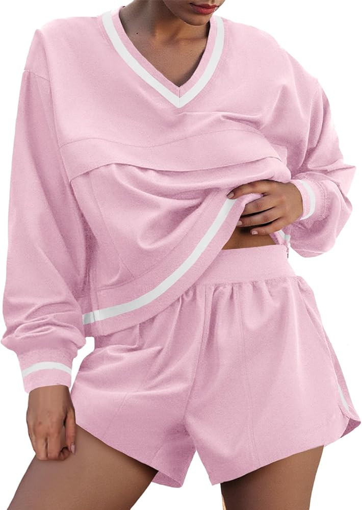 Fisoew Womens 2 Piece Outfits Long Sleeve V Neck Sweatshirt High Waist Running Shorts Sets Loose ... | Amazon (US)