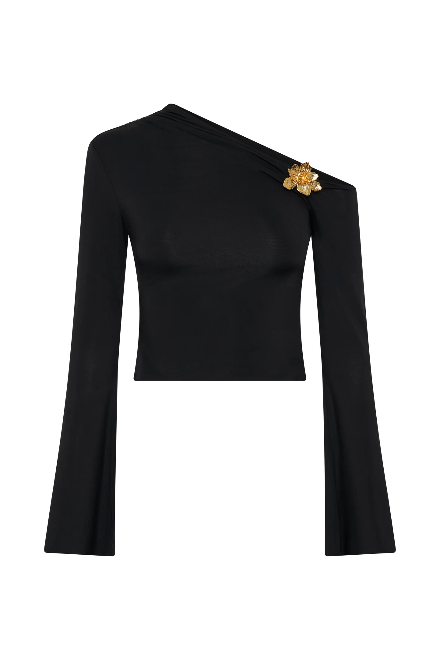 Ainsley Asymmetrical Long Sleeve Top With Floral Hardware - Black | Meshki (APAC)