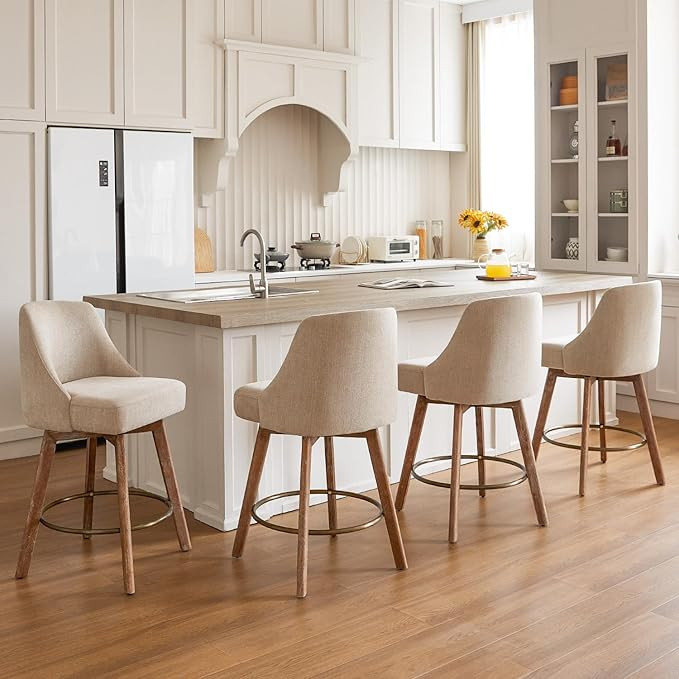 Counter Height Bar Stools,Sand-Colored Linen Comfort Fabric Bar Stool Set of 4,360° Swivel Count... | Amazon (US)