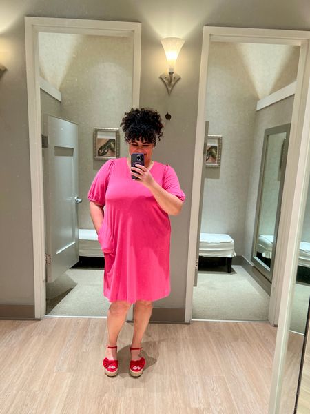 Easy shift dress with puff sleeves and pockets that can be dressed up or down! Love the bright pink color.

Currently on sale and an extra 30% off the sale price bringing it down to $31.49!

This is an XL.

It comes in navy blue and a green print as well.

#LTKmidsize #LTKover40 #LTKfindsunder50