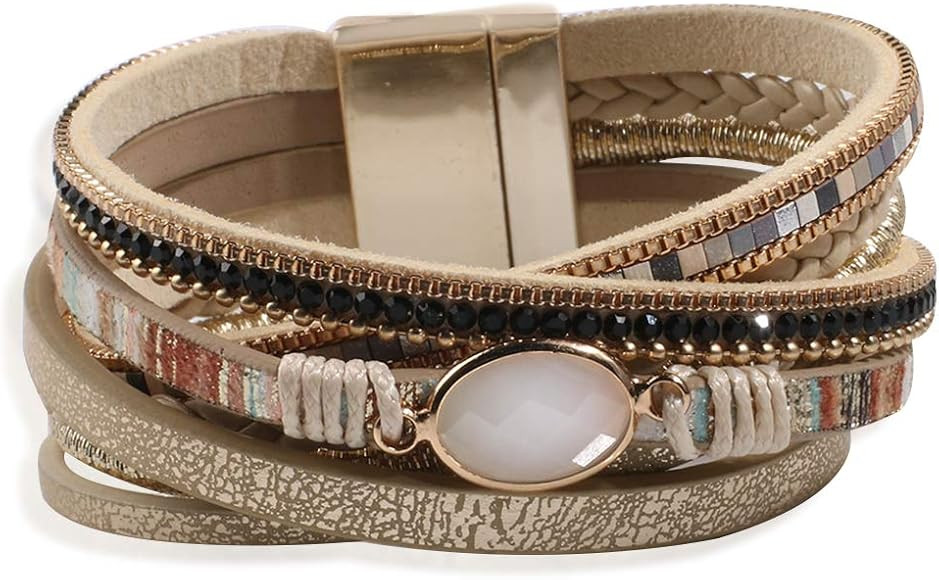 Artilady Leather Wrap Bracelet for Women - Handmade Clasp Bangle Bracelet with Pearl Druzy Crysta... | Amazon (US)