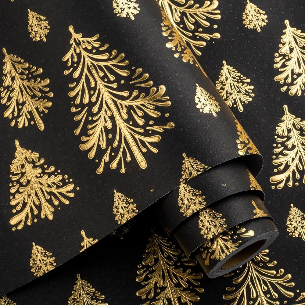 Flyhill Black Kraf Christmas Wrapping Paper-17inch*32.8ft（46.8sq.ft.ttl Per Roll-Gold 3D Emboss... | Amazon (US)