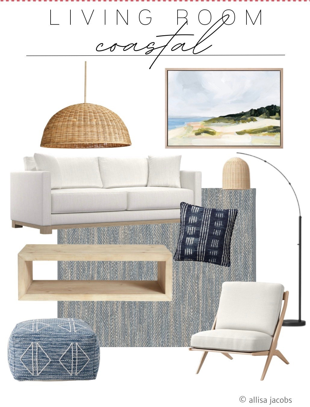 Pacific coastal living room, design mood board for a relaxed, breezy aesthetic. Ocean not required. Soft neutrals with blues and textures - simply measure and add to any home living room space. 

#LTKHome