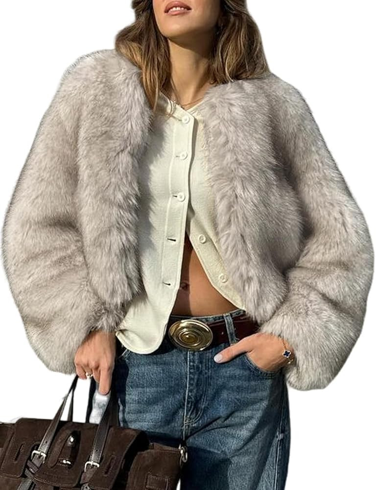 Yimoon Women's Cropped Faux Fur Coat Fluffy Long Sleeve Open Front Shaggy Coat Winter Warm Outerw... | Amazon (US)