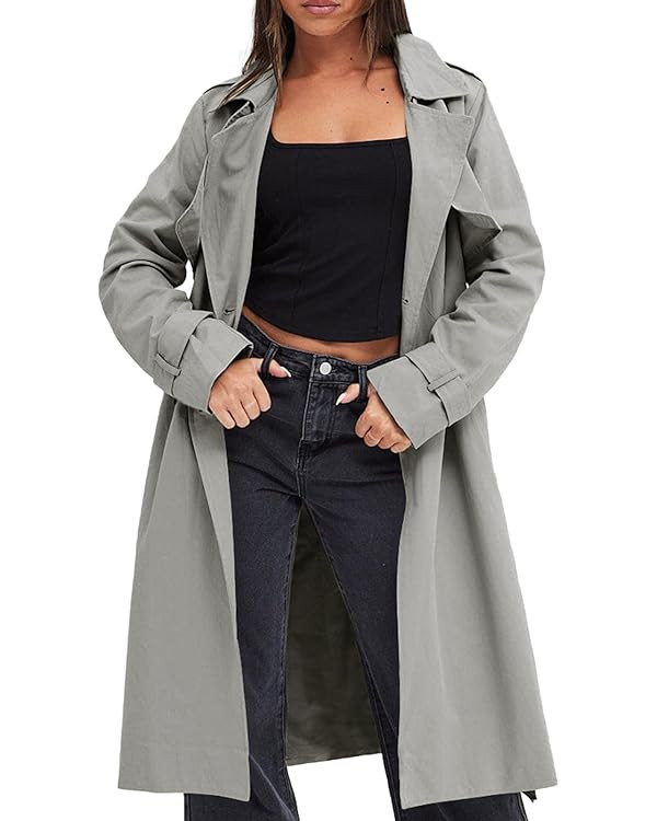 Fisoew Women's Double Breasted Trench Coats Causal Windproof Long Lapel Pocketed Overcoat with Be... | Amazon (US)