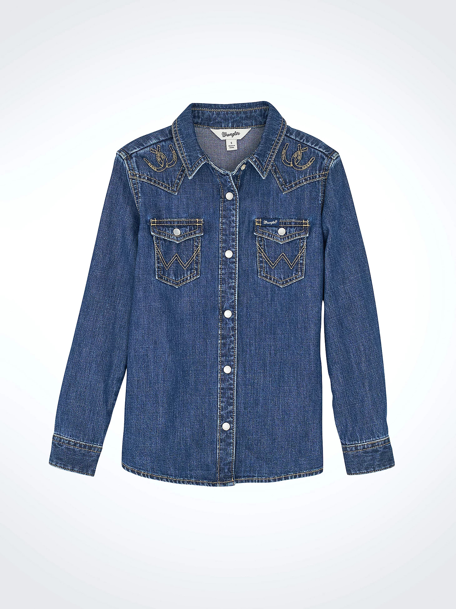 Girl's Embroidered Western Snap Denim Shirt | Wrangler