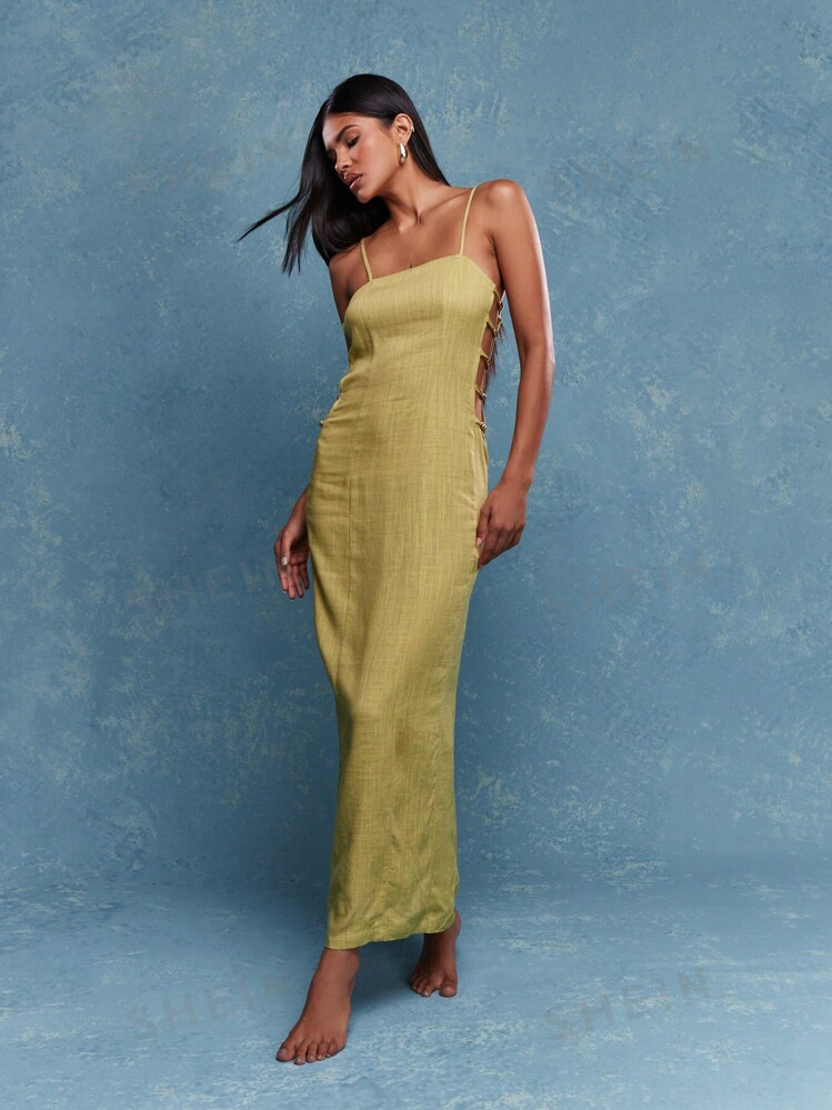 MISSGUIDED Metal Beads Detail Linen Side Cut-Out Bodycon Cami Maxi Dress | SHEIN