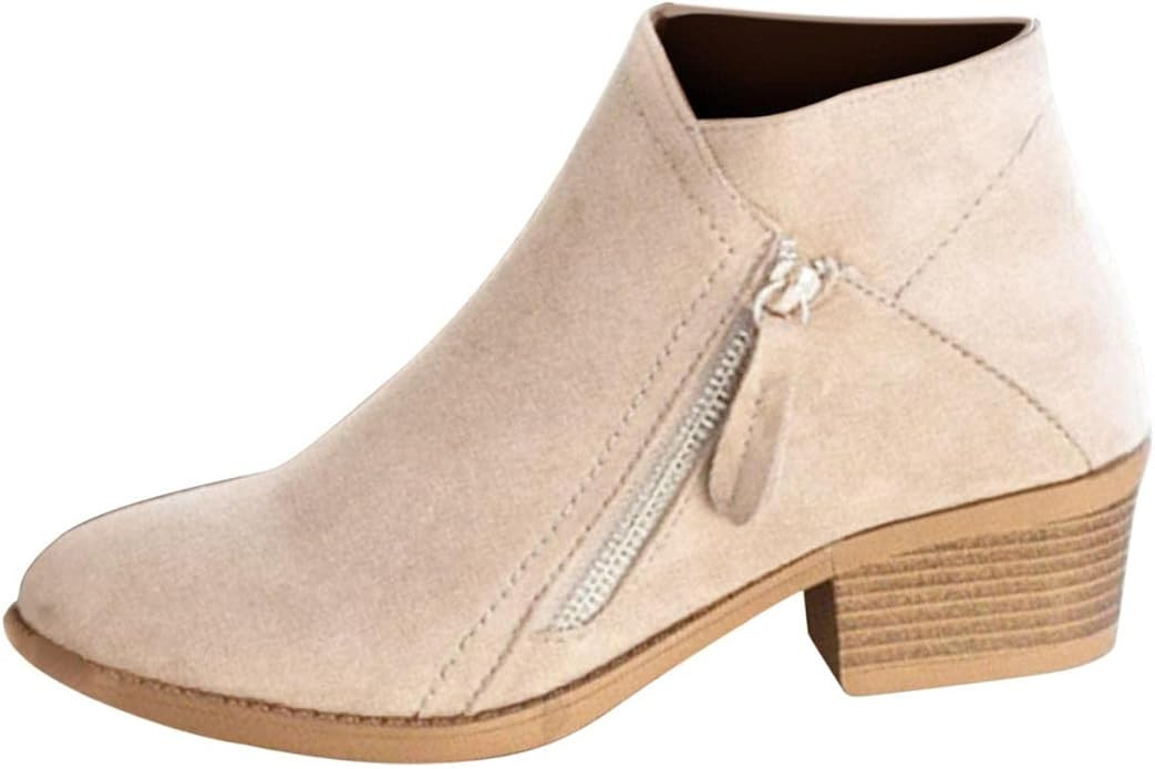 oiangi Womens Boots Fall 2022 Ankle Booties Vintage Slip on Round Toe Side Zipper Chunky Block Mi... | Amazon (US)