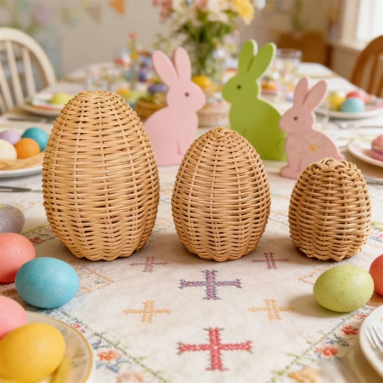 Moocorvic 3 Pcs Rattan Easter Eggs Set, Easter Decorations Figurine Rattan Woven Decor for Home S... | Walmart (US)