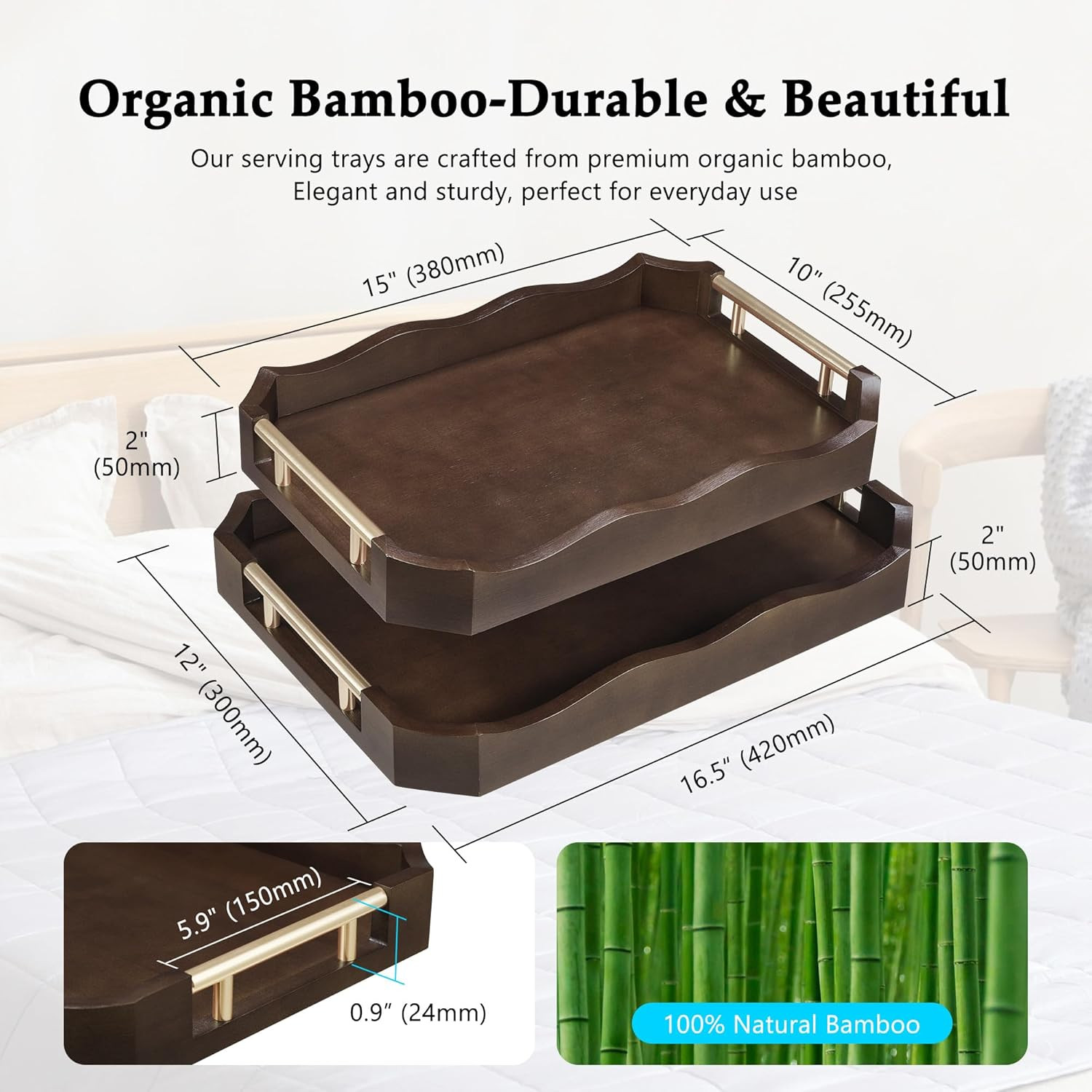 Bamboo Serving Tray with Handles Set of 2, 16.5x12 Inch Wood Serving Tray with Wave Edge Design, ... | Amazon (US)