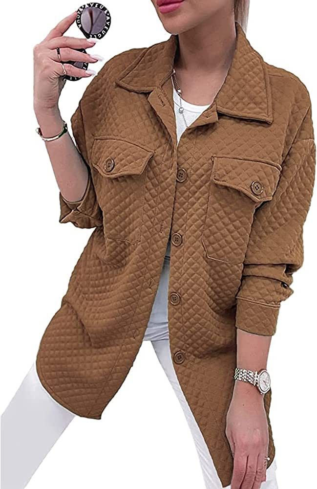 GTMRINJN Women's Quilted Jackets Casual Long Sleeve Lapel Button Down Sweatshirts Outerwear with Poc | Amazon (US)