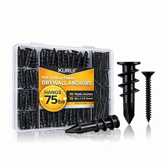 KURUI 140PCs Black Self Drilling Drywall Anchors, #8 Dry Wall Anchors and Flat Head Screws Kit, 7... | Amazon (US)