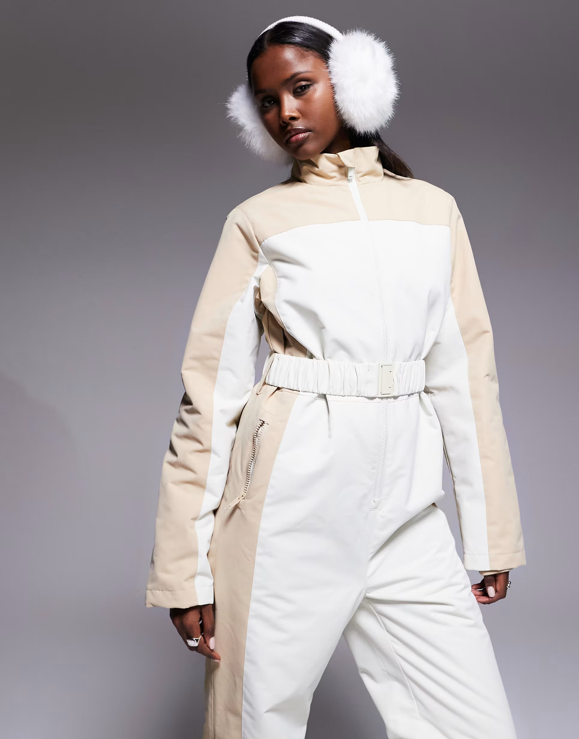 Threadbare Ski two-tone ski suit in ecru and stone | ASOS (Global)