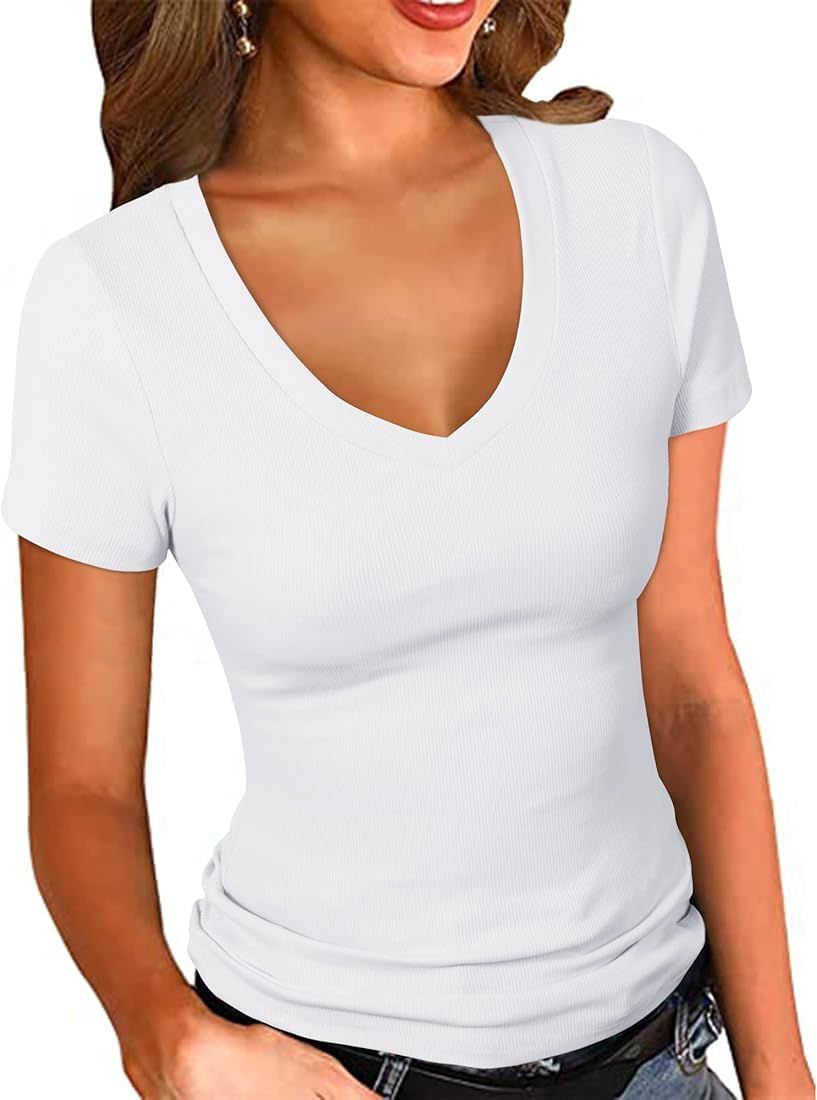 PALINDA Women's Short Sleeves Ribbed Fitted Shirt Basic V Neck Slim T Shirt Tops | Amazon (US)