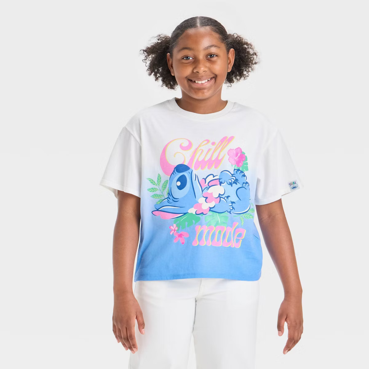 Girls' Disney Stitch "Chill Mode" Boxy Short Sleeve Graphic T-Shirt - White | Target