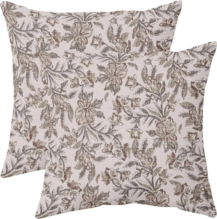 Floral Block Print Pillow Covers 18x18 Set of 2 Vintage Flower Brown Grey Decorative Throw Pillow... | Amazon (US)