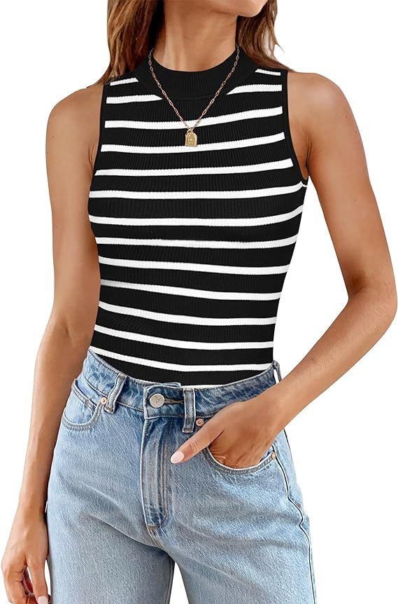 ZESICA Womens Ribbed Tank Tops High Neck Slim Fitted Striped Basic Casual 2024 Summer Sleeveless ... | Amazon (US)