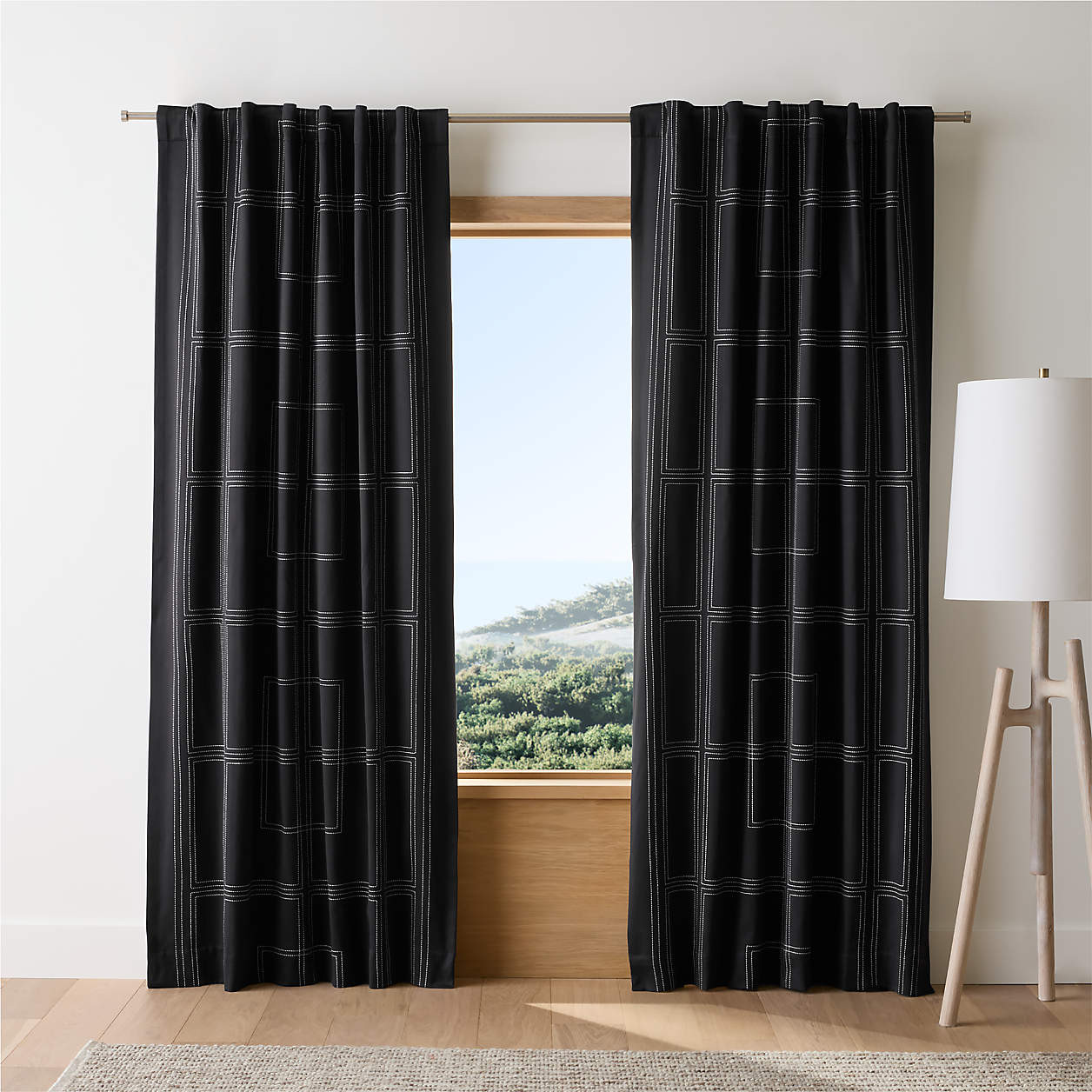 Embroidered Craftsman Midnight Navy/Crisp White Organic Cotton Sateen Blackout Window Curtain Pan... | Crate & Barrel