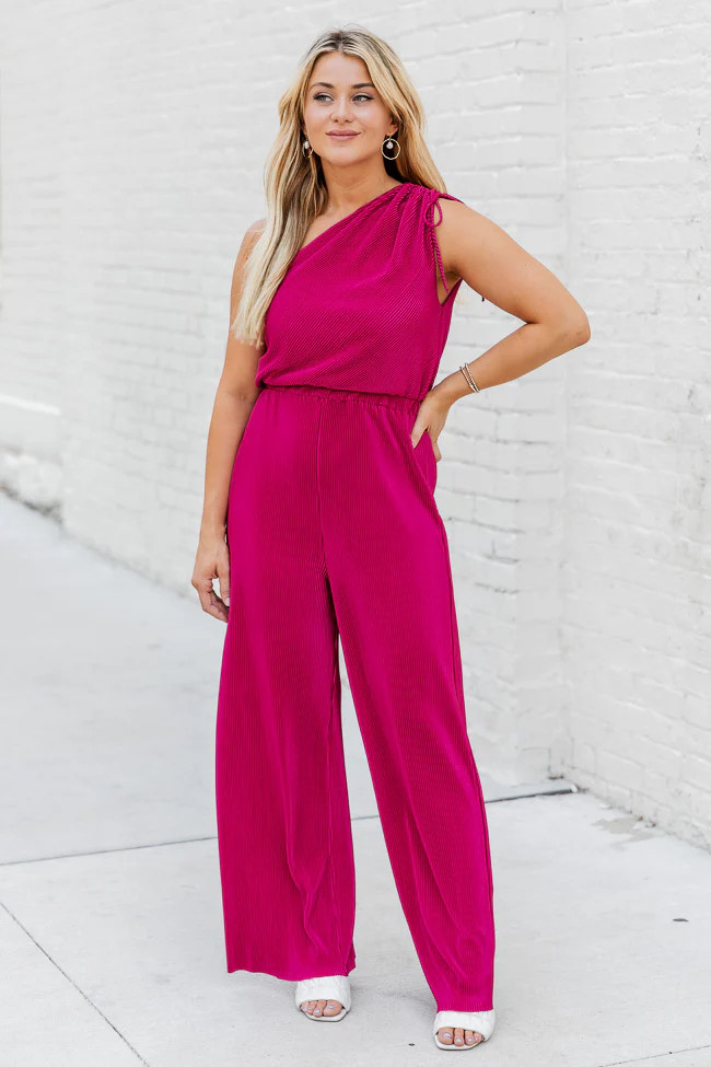 Believe Me Berry One Shoulder Plisse Jumpsuit | Pink Lily
