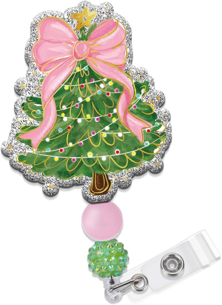 Christmas Tree Badge Reel with Retractable Clip, Cute Pink Bow Holiday Nurse ID Card Badge Holder... | Amazon (US)