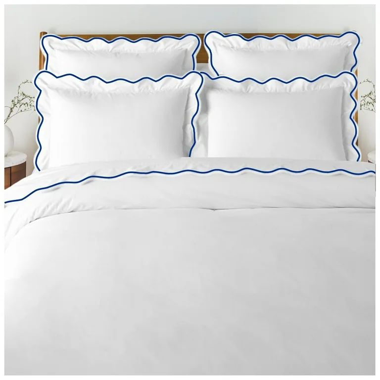 400 Thread Count White Cotton Sateen Hotel Stitch Duvet Cover in Scalloped Embroidery Full/Queen ... | Walmart (US)