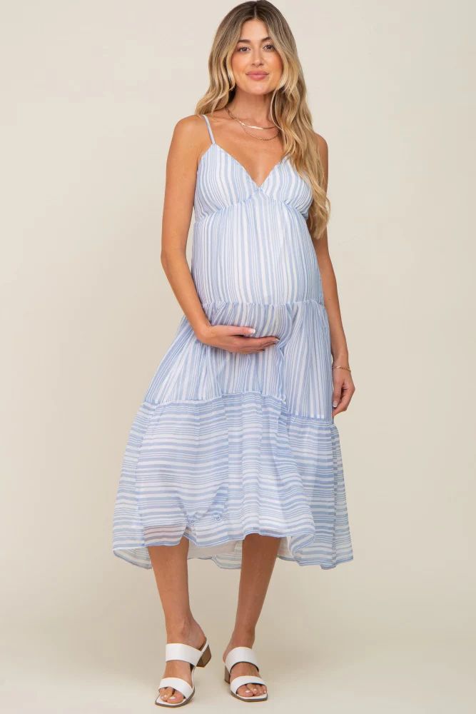 Blue Striped Chiffon Back Tie Tiered Maternity Midi Dress | PinkBlush Maternity