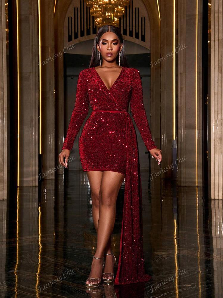 Sequin Surplice Neck Draped Side Party Dress, Elegant Long Sleeve Cocktail Semi Formal Prom Dress... | SHEIN