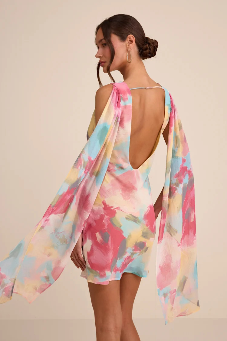 Siya Pink Multi Abstract Print Cowl Sash Mini Dress | Lulus